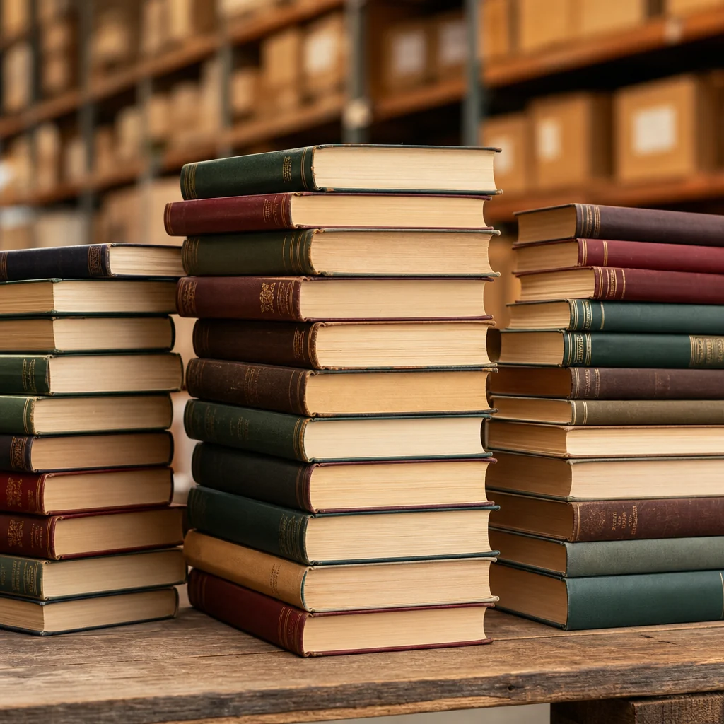 Stacks of used books in a warehouse