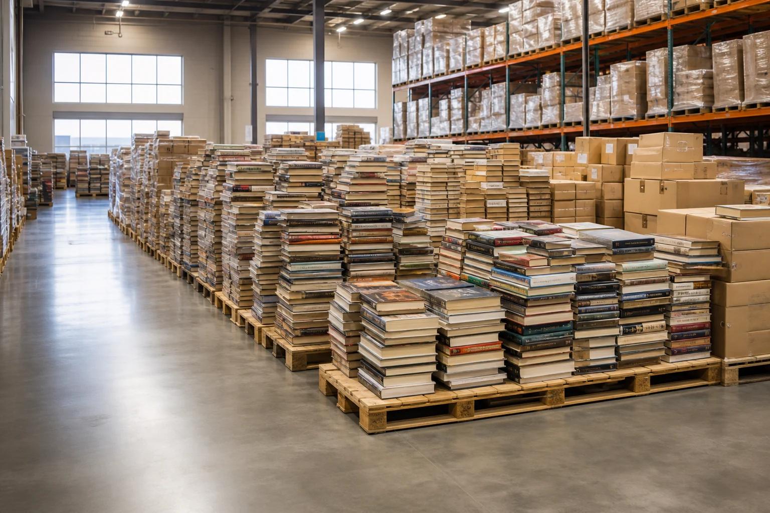 Pallets of books stacked in a warehouse